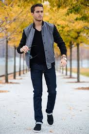 Off Business Ocassion Grey Bomber Jacket Black V Neck Sweater Navy Jeans And A Pair Of Black Slip On Mens Outfits Stylish Bomber Jacket Turtleneck T Shirt
