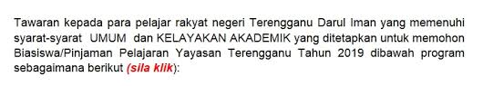 We did not find results for: Biasiswa Pinjaman Pelajaran Yayasan Terengganu Tahun 2019 Portal Rasmi Yayasan Terengganu