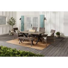 Shop a variety of patio furniture, outdoor seating, accent & coffee tables and outdoor dining sets today! Hampton Bay Rock Cliff 6 Piece Brown Wicker Outdoor Patio Dining Set With Bench And Cushionguard Riverbed Tan Cushions Frs81146 St 1 The Home Depot