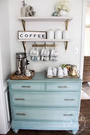 Again, this is one of those coffee bar ideas that takes up just a little space but makes a really big impact. Aqua Dresser Coffee Bar Add Dimension With Paint Artsy Chicks Rule