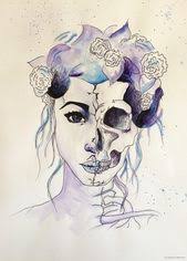 Watercolour Woman Skull Split Drawing Easy Things To Draw Step By Step Purple Blue Cool Drawings Drawings Draw On Photos