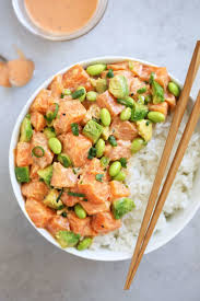 Salmon Poke With Creamy Togarashi Sauce Cooking With Cocktail Rings Salmon Recipes Seafood Recipes Healthy Recipes
