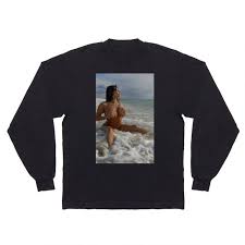 0093-SS Beautiful Naked Woman Nude Beach Sand Surf Big Breasts Long Black  Hair Sexy Erotic Art Long Sleeve T Shirt by Chris Maher | Society6