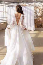 Boho Wedding Gown Long Sleeves Wedding Dress Organza Bridal Gown With Train Skirt Bohemian Wedding Wedding Dress Organza Wedding Dress Sleeves Organza Bridal