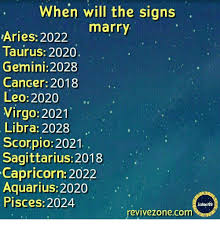 Dating and early stages of the relationship. When Will The Signs Marry Aries 2022 Taurus 2020 Gemini 2028 Cancer 2018 Leo 2020 Virgo 2021 Libra 2028 Scorpio 2021 Sagittarius 2018 Capricorn 2022 Aquarius 2020 Pisces 2024 Zadiac709 Revivezonecom Aquarius Meme On Me Me