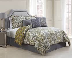 Here, the pastel yellow walls provide a dreamy backdrop to the pastel peach, pink, yellow, gray, and brown throw pillows, and the peach bedding. 7 Piece Queen Jezebel Gray Yellow Reversible Comforter Set Walmart Com Walmart Com