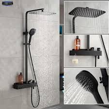 Matt Black Bathroom Rain Shower Set System Wall Mounted Mixer Bath Shower Faucet With Hook And Placement Platform Rain Shower Bathroom Shower Faucet Matte Black Bathroom Fixtures