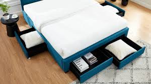 Lit avec rangement avec sommier. Lit Tiroirs Stan Avec Sommier 140x190cm Lit Scandinave Bleu Canard