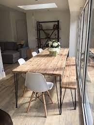 Rustic Industrial Hairpin Dining Table And Bench Finished In Antique Pine Available At W Dining Table With Bench Dining Room Industrial Diy Dining Room Table