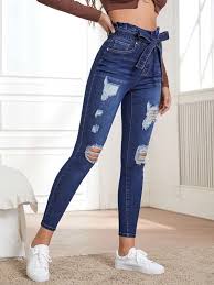 Com Cinto Botao Bolso Rasgado Ziper Paper Bag Pants Simples Jeans Shein Brasil