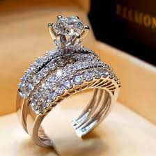 Cute Female Crystal White Zircon Stone Ring Set Luxury 925 Silver Engagement Silver Engagement Rings Diamond Engagement Wedding Ring Diamond Wedding Rings Sets