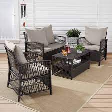 Mainstays Sanza Rattan 4 Piece Wicker Patio Furniture Conversation Set Beige Walmart Com In 2021 Patio Furniture Conversation Sets Wicker Patio Furniture Patio Furniture Sets