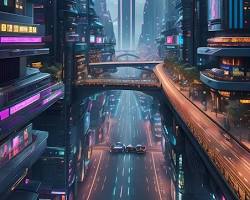 Image of futuristic NYC skyline with flying cars and vertical gardens