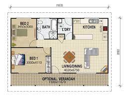Two separate bedrooms with a double bed in each, 3 piece bathroom, a full kitchen and living area, front deck, and side porch. Granny Flat Plans Designs House Queensland House Plans 19882