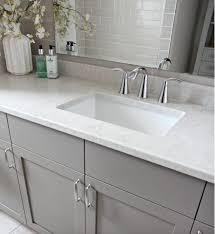 Bathroom Vanity Painted Metropolis Benjamin Moore Gray Caesarstone Bianco Drift Greige Quartz Beautiful Tile Bathroom Bathrooms Remodel Bathroom Tile Designs