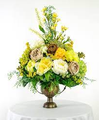 Artificial Flower Arrangement With Yellow Green And Brown Peonies Roses And Hyd Artificial Flower Arrangements Fresh Flowers Arrangements Flower Arrangements