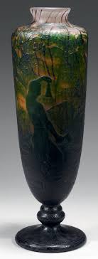 Daum Grand Vase Balustre Sur Piedouche Epreuve Realisee En Verre Double Vert Sur Fond Orange Nuance Blanc Sur Le Haut Du Col A Salissures D Oxydes Interca Vazen