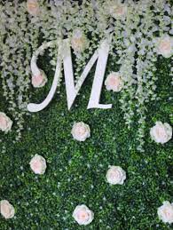 Dnicole Settings Wedding Backdrop Boxwood Wall With Pink Roses Hanging Wisteria And A White 1 Letter Flower Wall Wedding Boxwood Backdrop Flower Wall Rental