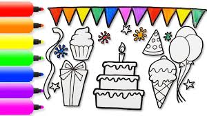 Birthday Cake With Balloons Drawing How To Draw Birthday Cake Ice Cream Cap And Balloons Birthday Cake Co Toddler Videos Cartoon Coloring Pages Learning Colors