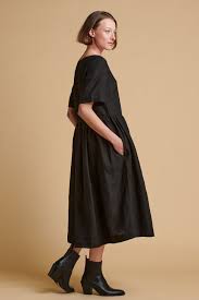 Women's Crew Neck Gathered Dress - Black Linen - Community Clothing
