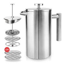 The sterling pro has a double wall stainless steel construction, along with its well constructed lid, making this french press more efficient in maintaining the temperature inside. Sliver Includes 5 Extra Filters 1 Coffee Spoon 8 Cup 34oz Aicok Double Wall 18 10 Stainless Steel French Press Coffee And Tea Maker With 3 Level Filtration System French Press Coffee Maker French