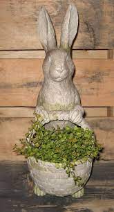 What kind of statue is a white rabbit? Bunny Rabbit Statue W Basket Primitive French Country Easter Garden Room Decor Easter Garden Rabbit Decor Country Easter