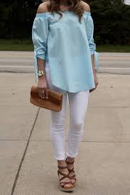 Off The Shoulder Light Blue Top And White Jeans White Jeans Blue Tops White Skinny Jeans