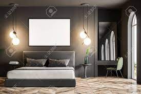 Continue to 13 of 25 below. Modern Bedroom Interior With Dark Gray Walls A Wooden Floor Stock Photo Picture And Royalty Free Image Image 103095061