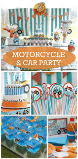What A Fun Orange And Teal Motorcycle And Car Boy Birthday Party See More Party Ideas At Cat Motorcycle Birthday Parties Motorcycle Party Motorcycle Birthday