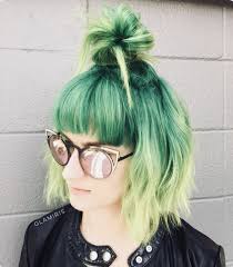Short Green Hair Half Up Half Down Ombre With Bangs Green Hair Green Hair Colors Short Hair Bun