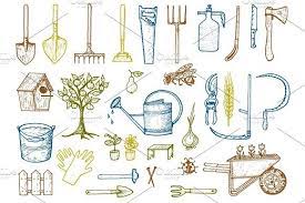 Set Of Gardening Tools Or Items Hose Reel Fork Spade Rake Hoe Trug Cart Lawnmower Elements Collection Work Equipment Shovel Fence Tree Saw Watering C Garden Tools Hose Reel Lawn Mower