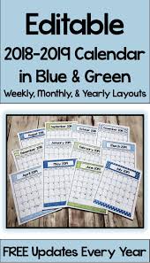 2020 2021 Calendar Printable And Editable With Free Updates In Blues And Greens Editable Calendar Kids Calendar Elementary School Math Activities