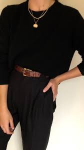 Casual Black And Brown Outfits All Black With Brown Belt Detailing Smart Casual Outfit Inspo Casual Work Wear Belt Black B Outfit Inspo Casual Simple Black Outfits Casual Work Wear