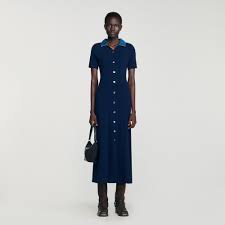 Denim collar knit maxi dress in Navy Blue for Women | Sandro Paris