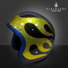 Yellow Gold Metal Flake Fire Solid Black Open Face Airbrush Jet Riders Dna Hand Paint Helmet