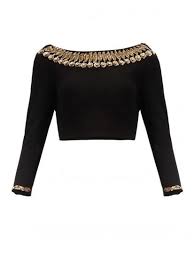 Black Boat Neck Crop Top Khantil Black Silk Sequins Work Blouse Material Buy Online Khantil Tops And Tunics Fo Black Saree Blouse Designs Black Blouse Designs Boat Neck Blouse Design