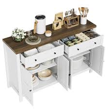 Homfa Farmhouse Kitchen Buffet Storage Cabinet, 4-Doors 2 Large Drawer Wood  Sideboard Credenza with Adjustable Shelves, White-Brown