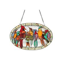 Birds On A Wire Stained Glass Hanging Panel Tiffany Style Bird Design Round Stained Glass Window Panel Overstock Com Shopping The Best Deals On Stained Glass Panels Stained Glass Birds Stained Gl