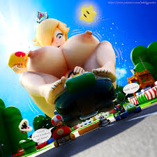 telehypnotic, piranha plant, rosalina, shy guy, toad (mario), yoshi, mario  (series), mario kart, nintendo, super mario galaxy, super smash bros.,  absurdres, highres, 1girl, 3boys, 3d, blonde hair, blue eyes, breast  expansion, breasts,