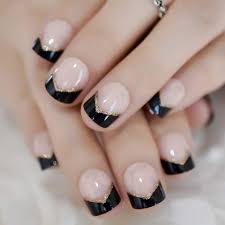 French tip nails are classic designs that have stood the test of time. Amazon Com Short French Nail Uv Gel Black Tips Gold Glitter Angle Decorated Natural Fake Nails For Ladies With Adhesive Tabs Beauty