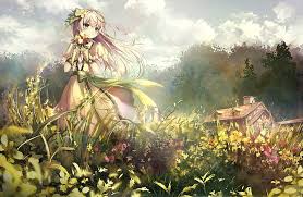 Strafansky and mizuki compete in sending flyers regarding liones and yuko, who both have been nominated in the beauty contest. Hd Wallpaper Anime Girl Field Flowers Happy Face Dress Clouds House Wallpaper Flare
