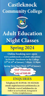 NightclassesCCC on X: Online Booking for Spring 2024 Night classes now  open. Classes begin 22nd January & One Day Workshops on March 2nd and 9th.  Book online at t.coCYVhpk7h13 All queries email