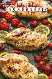 Easy One Pan Baked Italian Chicken Tomatoes Is The Perfect Simple And Healthy Sheet Pan Chicken Recipes With Tomatoes Italian Chicken Recipes Italian Chicken