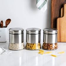 Check spelling or type a new query. Amazon Com Brushed Stainless Steel And Glass Canister With Airtight Lid 5 5 H 24oz Set Of 3 Home Improvement