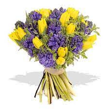 The meaning of purple is commonly associated with royalty, luxury, wisdom and creativity. Blue Hyacinth Yellow Tulips Bouquet Hyacinth Flowers Tulips Free Delivery Purple Flower Bouquet Yellow Flower Centerpieces Flower Delivery