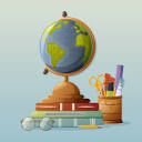 Desktop globe with stack of books, glasses, pencil, stand with ...