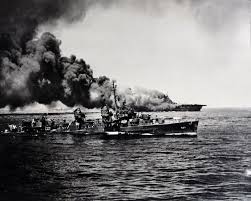 Destroyer Uss Sullivans Dd 537 With The Carrier Uss Bunker Hill Cv 17 Burning In The Background After Getting Hit By Kamikaz In 2020 Us Navy Ships Bunker Hill Wwii