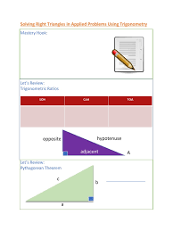 Solving Right Triangles In Applied Problems Using Trigonometry Trigonometric Functions Trigonometry