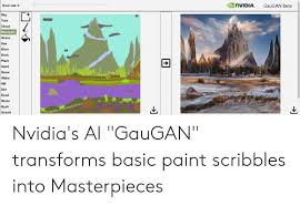 The ai painting web app — which turns rough sketches into stunning, photorealistic scenes —. Nvidia Gaugan Beta Brush Size 6 Sky Tree Cloud Mountain Grass Sea River Rock Plant Sand Snow Water Hill Dirt Road Stone Bush Gravel Nvidia S Ai Gaugan Transforms Basic Paint Scribbles Into