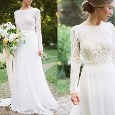 It's the perfect feature for brides with long necks or curvy waistlines. Bohemian Country Wedding Dresses With Long Sleeves Bateau Neck A Line Lace Applique Chiffon Boho Bri Boho Bridal Gowns Country Bridal Gown Online Wedding Dress